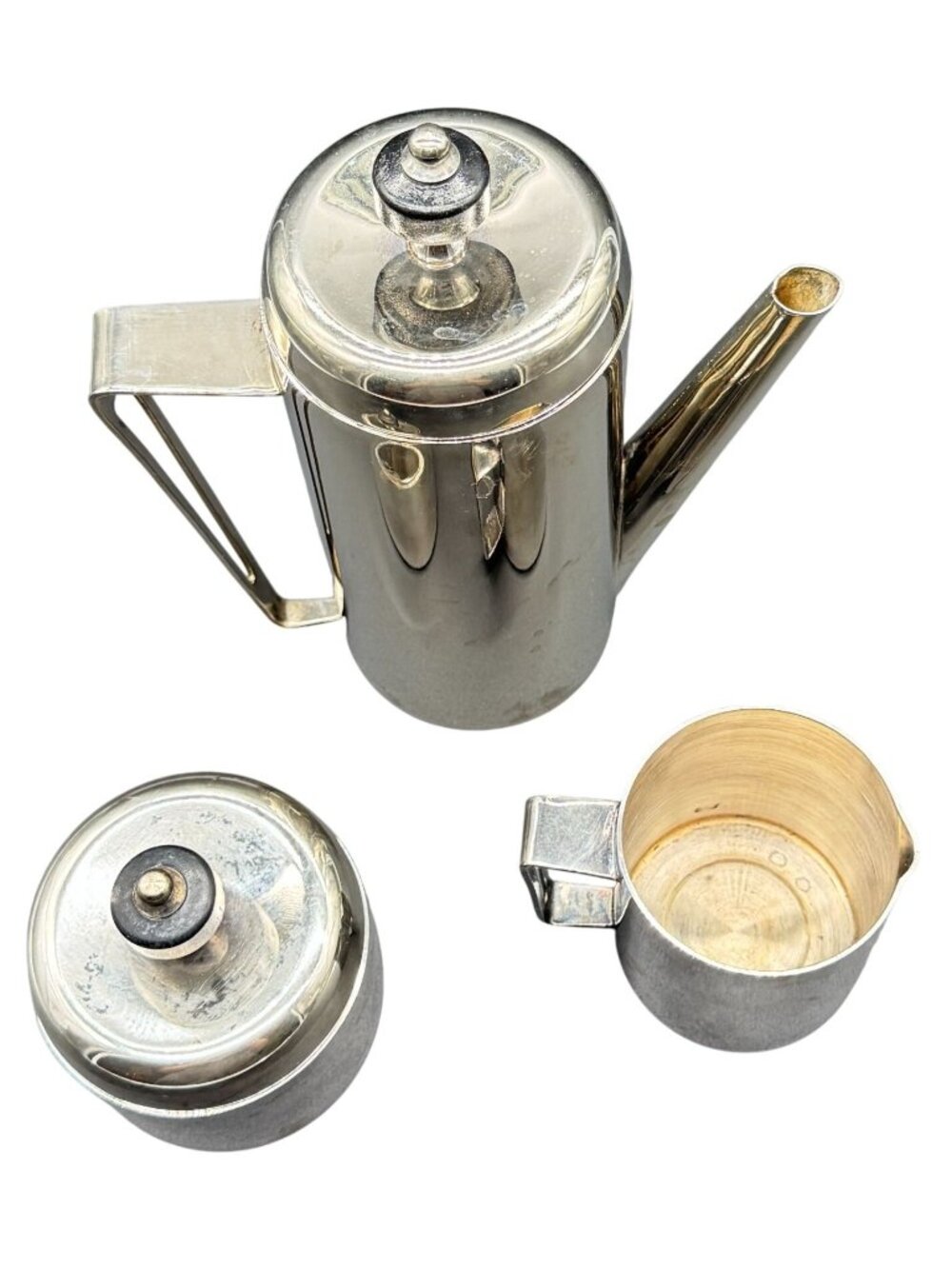 Vintage MCM Silver Stainless Steel Coffee/Tea Pot Creamer & Sugar Set With Lids - Picture 4 of 5